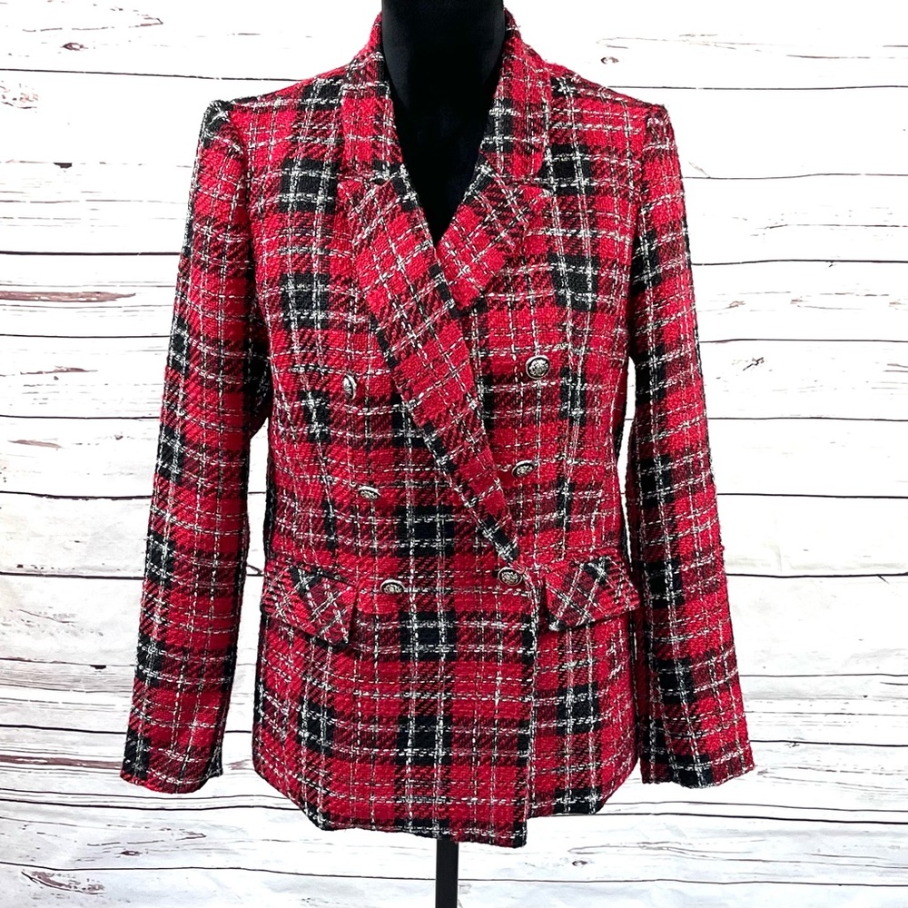Rachel Zoe Tartan Blazer L‎ Double Breast Red White Black Plaid Silver Buttons.